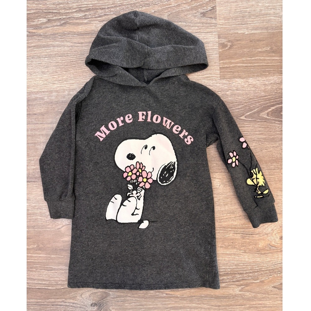 Peanuts Snoopy Sweater Hooded Dress Charcoal Gray Girls XS 4-5‎ Woodstock